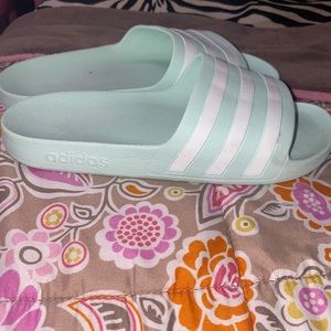 Mint green Adida slides